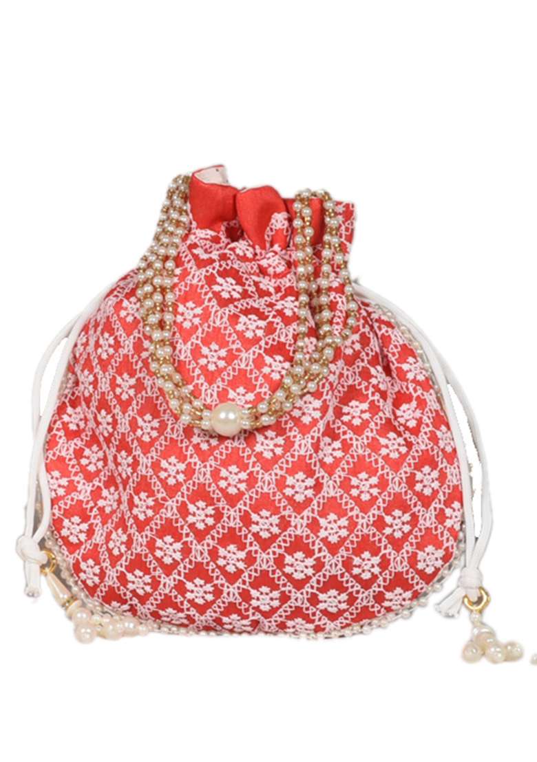 Maroon Raw Silk Drawstring Rajasthani Style Potli Bags - Indya