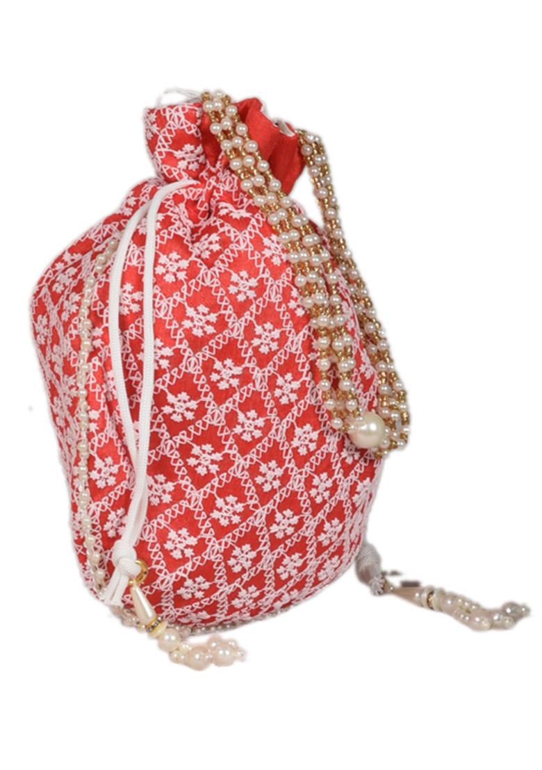 Maroon Raw Silk Drawstring Rajasthani Style Potli Bags