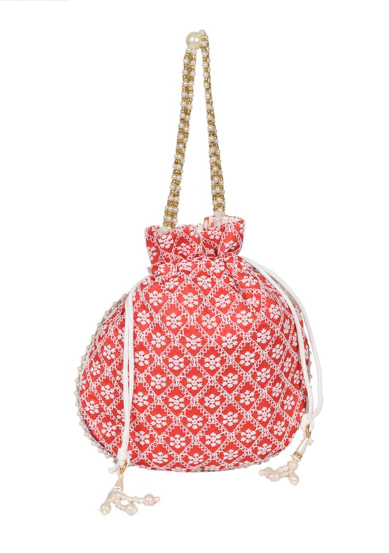 Maroon Raw Silk Drawstring Rajasthani Style Potli Bags - Indya