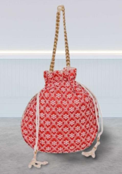 Maroon Raw Silk Drawstring Rajasthani Style Potli Bags