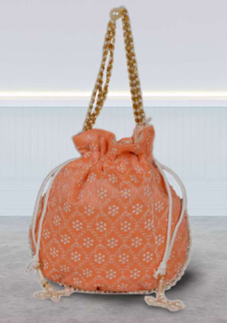 Orange Raw Silk Drawstring Rajasthani Style Potli Bags - Indya