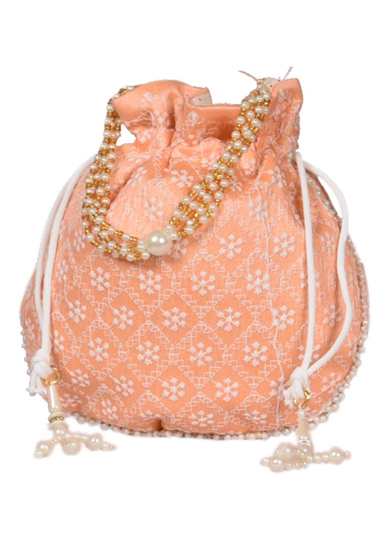 Orange Raw Silk Drawstring Rajasthani Style Potli Bags