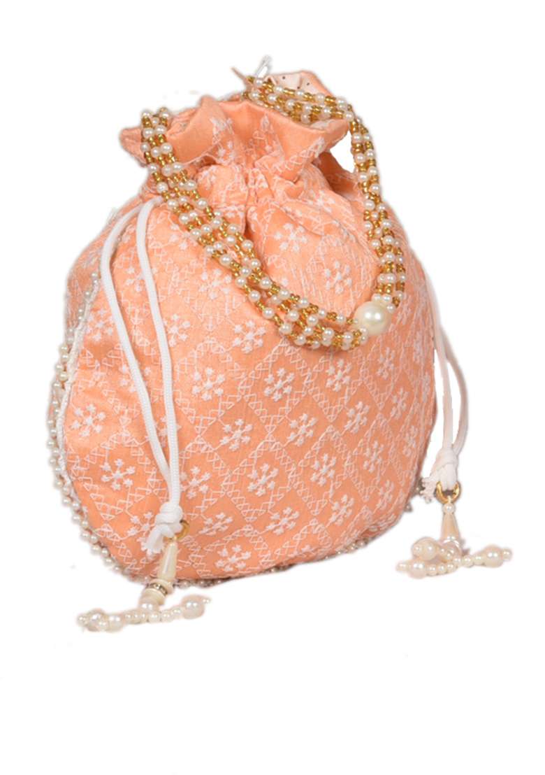 Orange Raw Silk Drawstring Rajasthani Style Potli Bags - Indya
