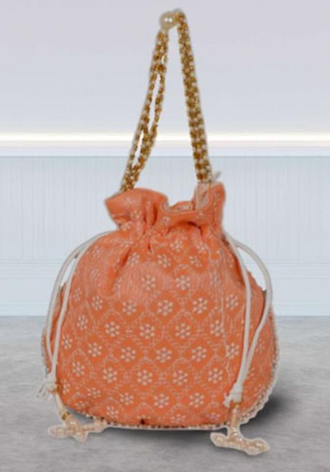 Orange Raw Silk Drawstring Rajasthani Style Potli Bags