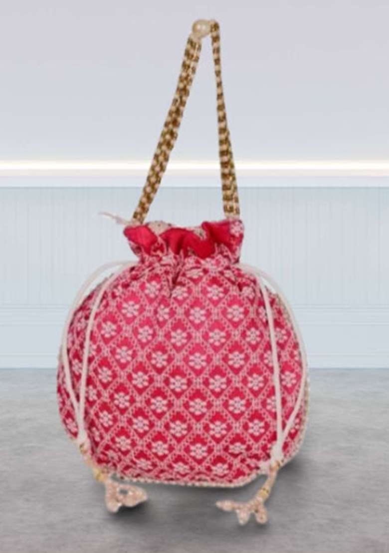 Pink Raw Silk Drawstring Rajasthani Style Potli Bags - Indya