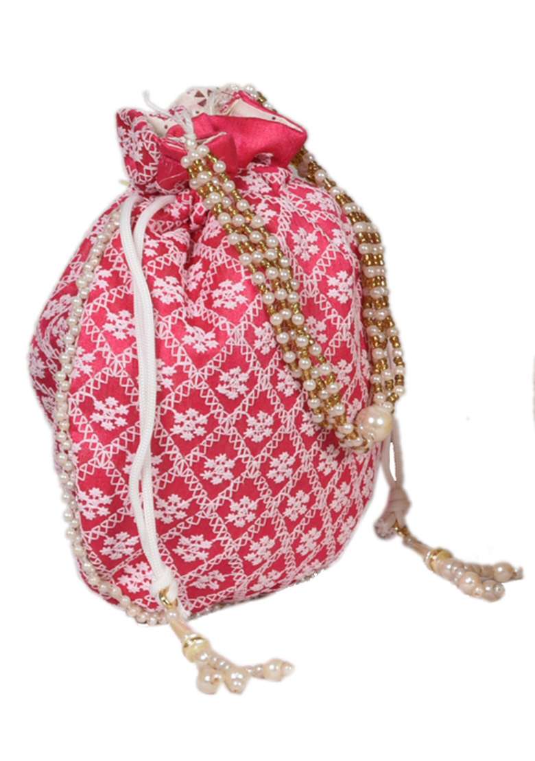 Pink Raw Silk Drawstring Rajasthani Style Potli Bags - Indya