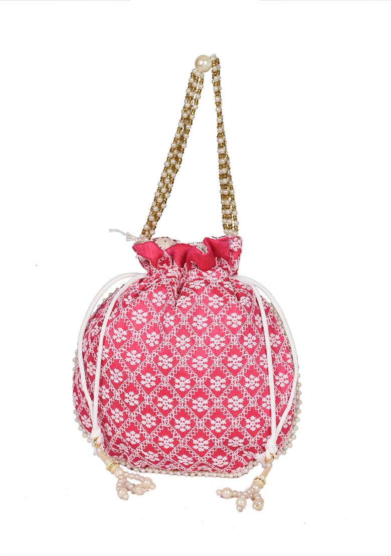Pink Raw Silk Drawstring Rajasthani Style Potli Bags