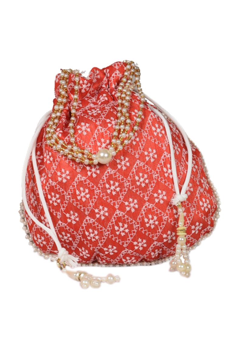 Red Raw Silk Drawstring Rajasthani Style Potli Bags