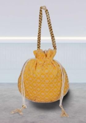Yellow Raw Silk Drawstring Rajasthani Style Potli Bags