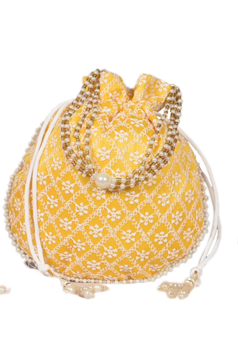 Yellow Raw Silk Drawstring Rajasthani Style Potli Bags