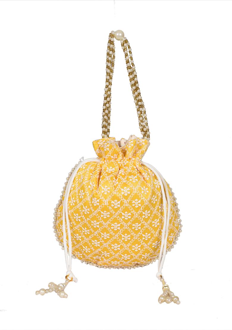 Yellow Raw Silk Drawstring Rajasthani Style Potli Bags