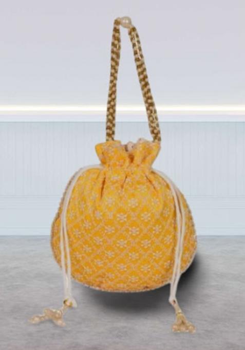 Yellow Raw Silk Drawstring Rajasthani Style Potli Bags