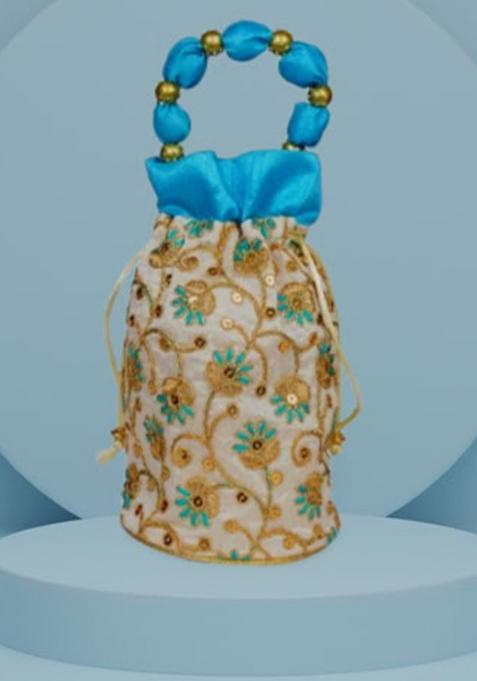 Blue Raw Silk Drawstring Rajasthani Style Potli Bags