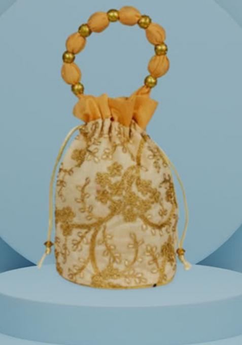 Cream Raw Silk Drawstring Rajasthani Style Potli Bags