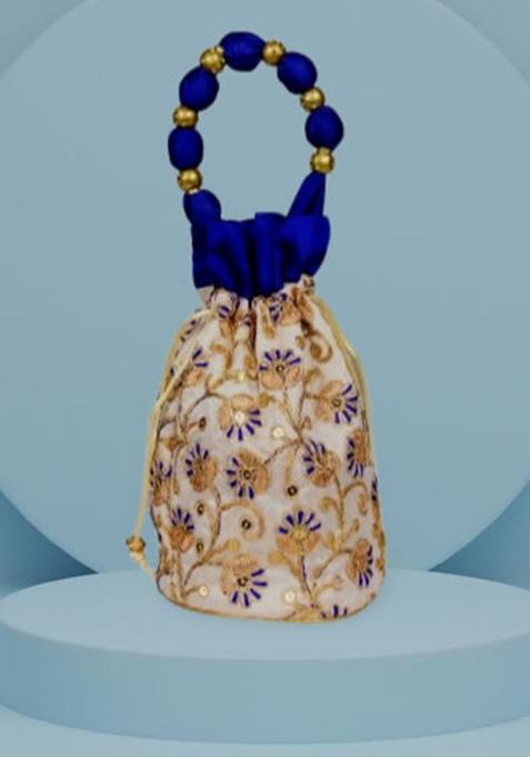 Dark Blue Raw Silk Drawstring Rajasthani Style Potli Bags