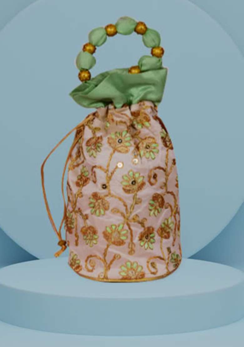 Green Raw Silk Drawstring Rajasthani Style Potli Bags - Indya