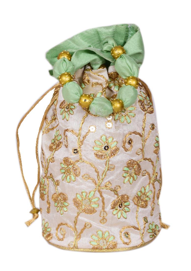 Green Raw Silk Drawstring Rajasthani Style Potli Bags