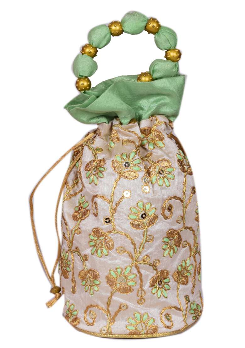 Green Raw Silk Drawstring Rajasthani Style Potli Bags - Indya