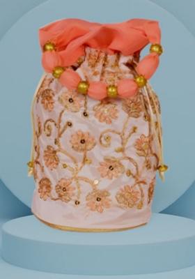 Orange Raw Silk Drawstring Rajasthani Style Potli Bags