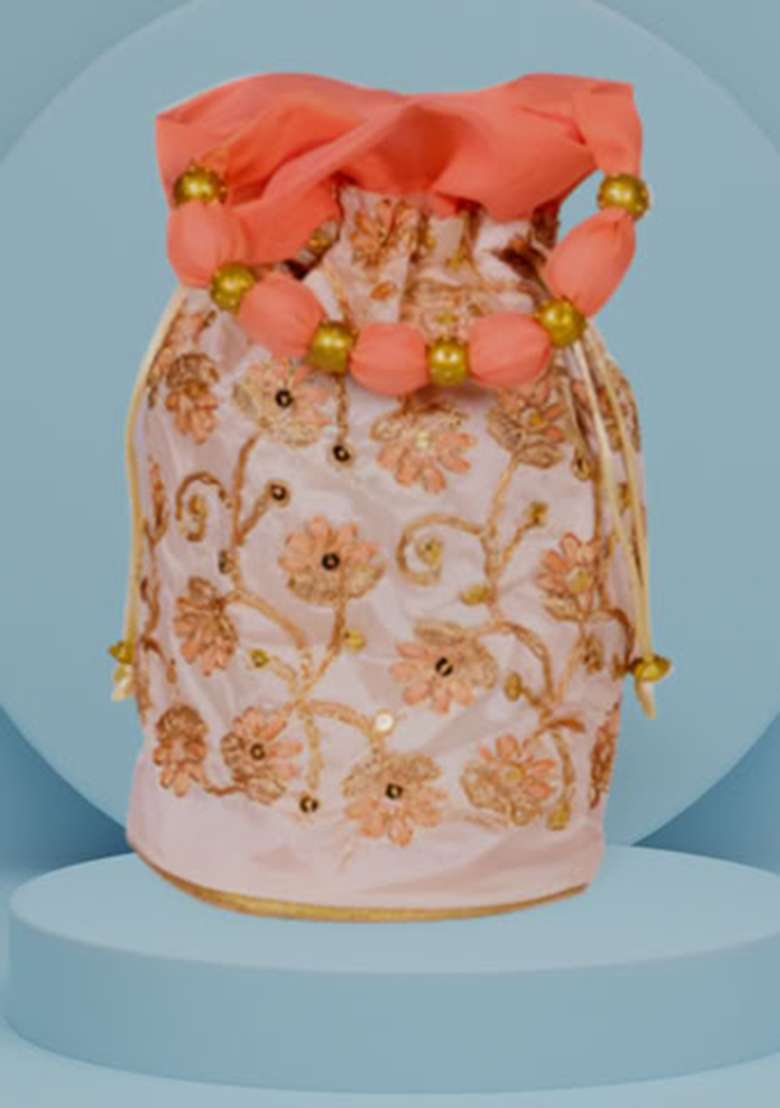 Orange Raw Silk Drawstring Rajasthani Style Potli Bags - Indya