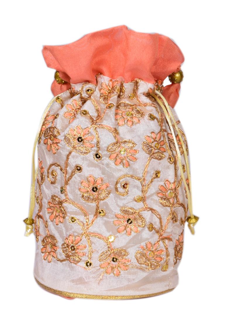 Orange Raw Silk Drawstring Rajasthani Style Potli Bags