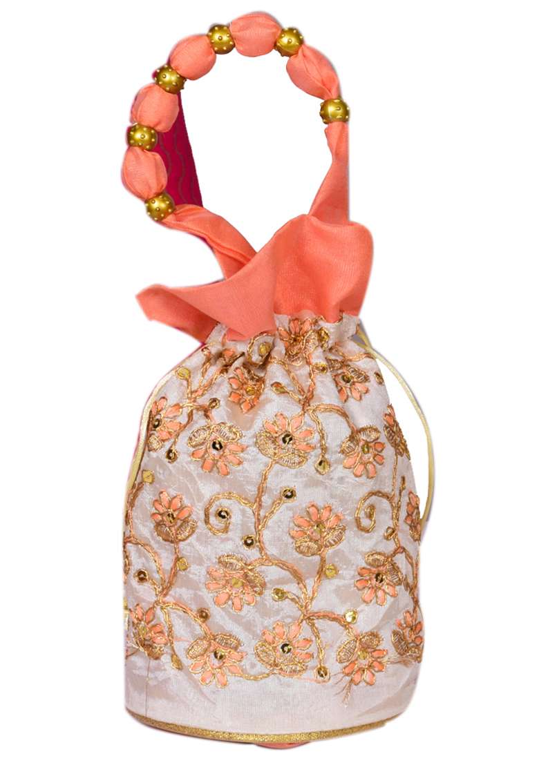Orange Raw Silk Drawstring Rajasthani Style Potli Bags - Indya