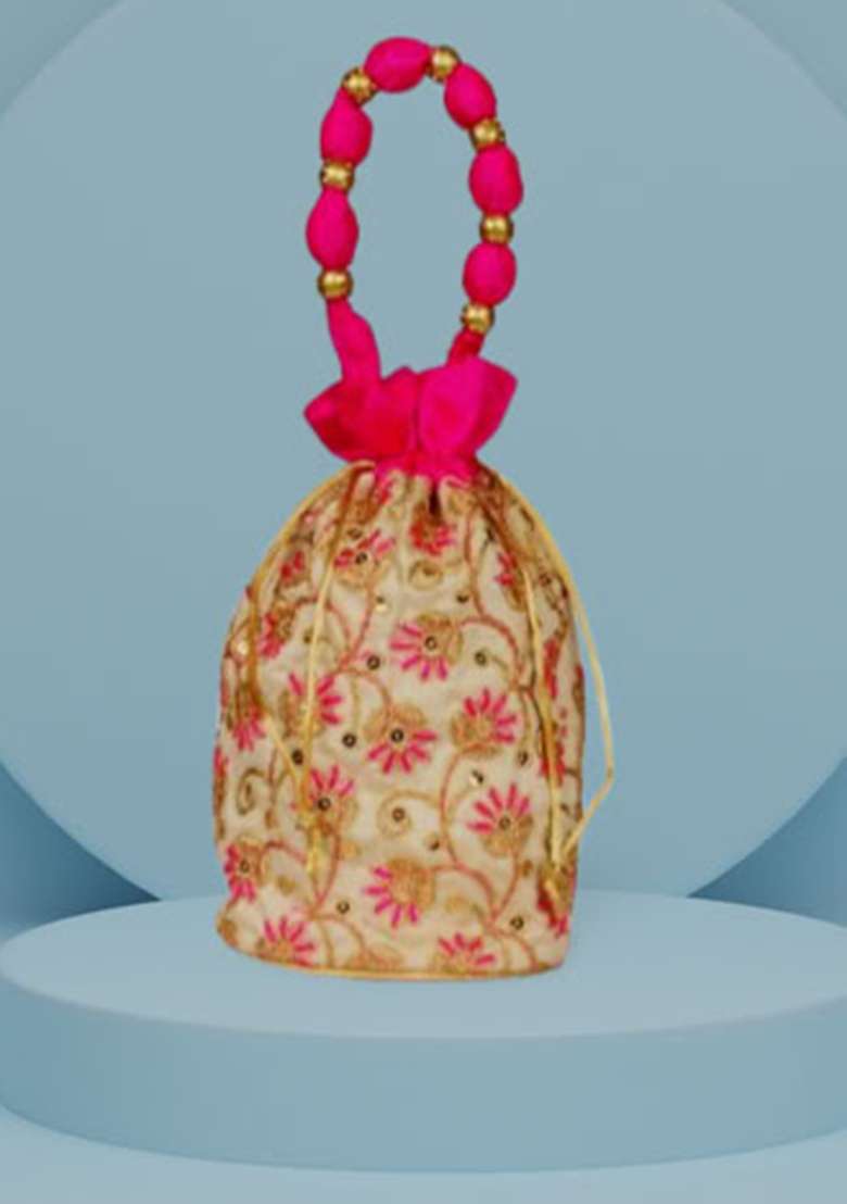 Pink Raw Silk Drawstring Rajasthani Style Potli Bags - Indya