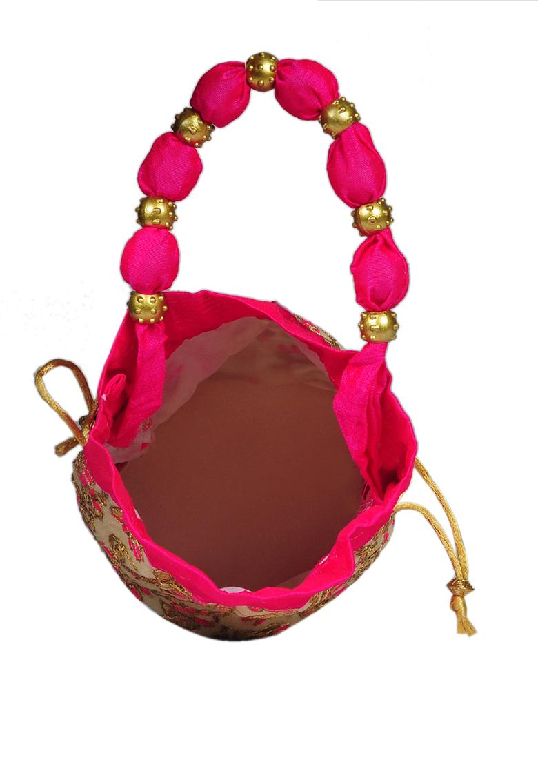 Pink Raw Silk Drawstring Rajasthani Style Potli Bags