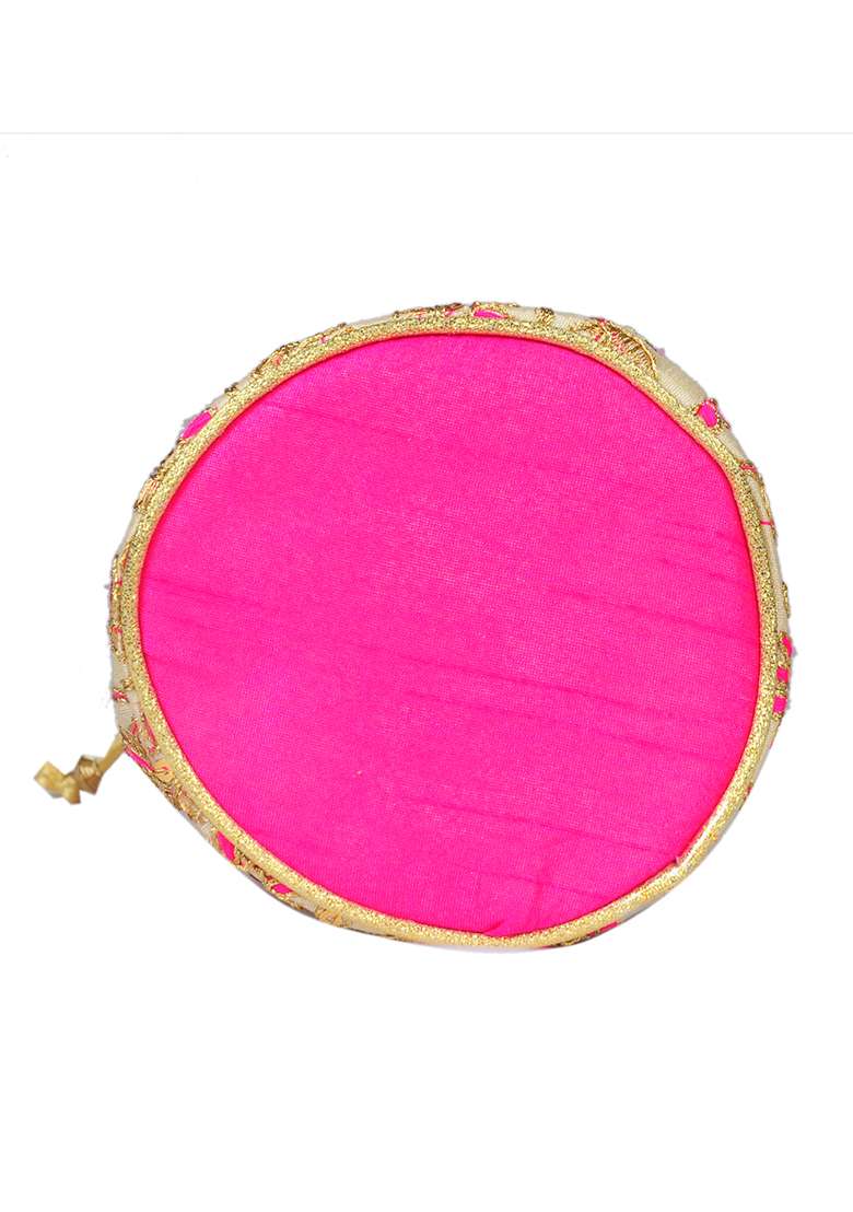 Pink Raw Silk Drawstring Rajasthani Style Potli Bags - Indya