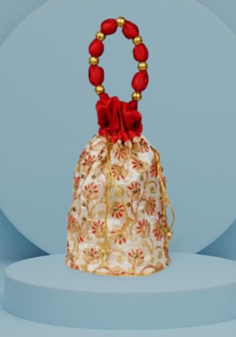 Red Raw Silk Drawstring Rajasthani Style Potli Bags