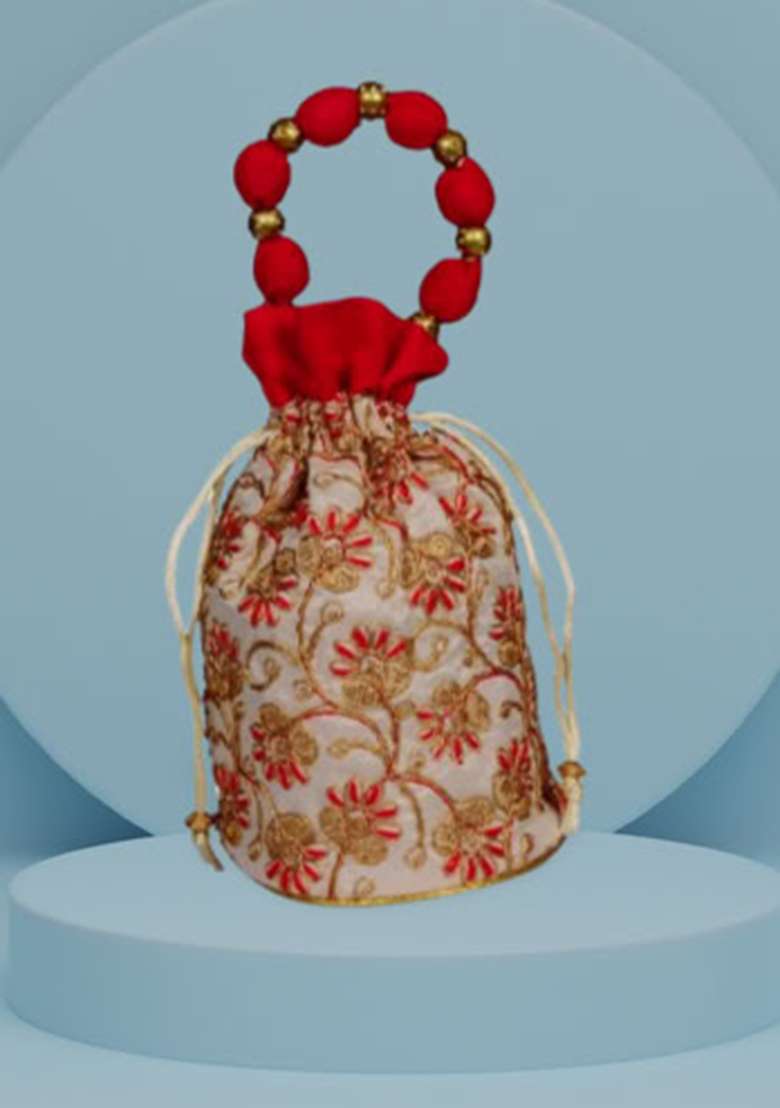 Maroon Raw Silk Drawstring Rajasthani Style Potli Bags - Indya