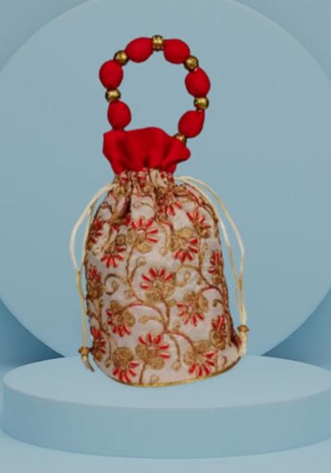 Maroon Raw Silk Drawstring Rajasthani Style Potli Bags