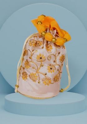 Yellow Raw Silk Drawstring Rajasthani Style Potli Bags