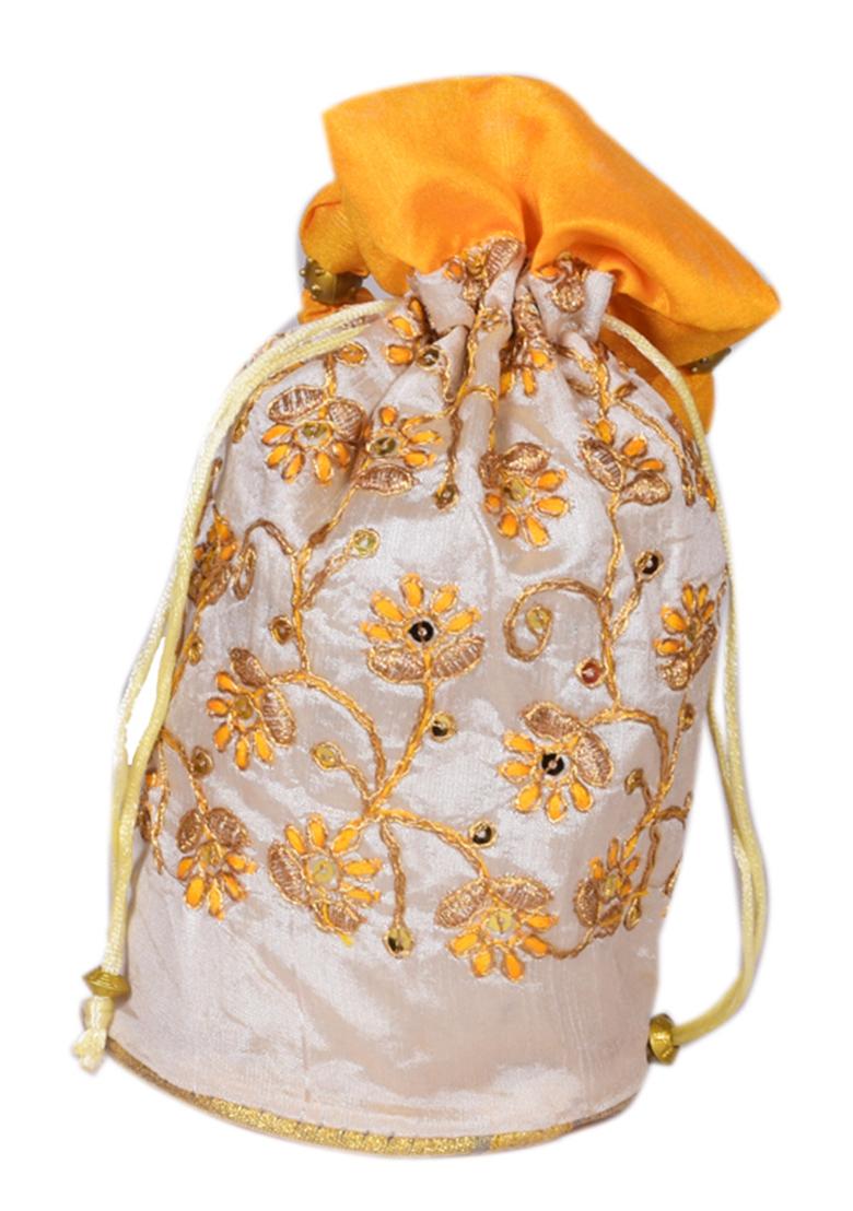 Yellow Raw Silk Drawstring Rajasthani Style Potli Bags