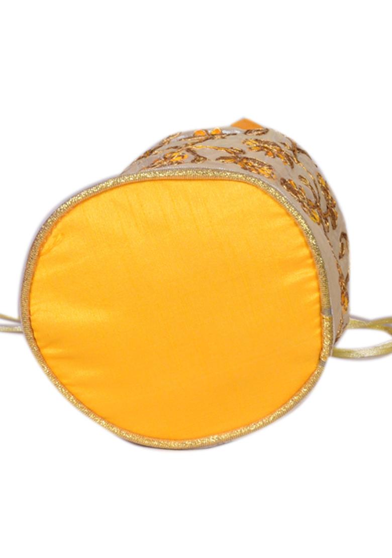 Yellow Raw Silk Drawstring Rajasthani Style Potli Bags