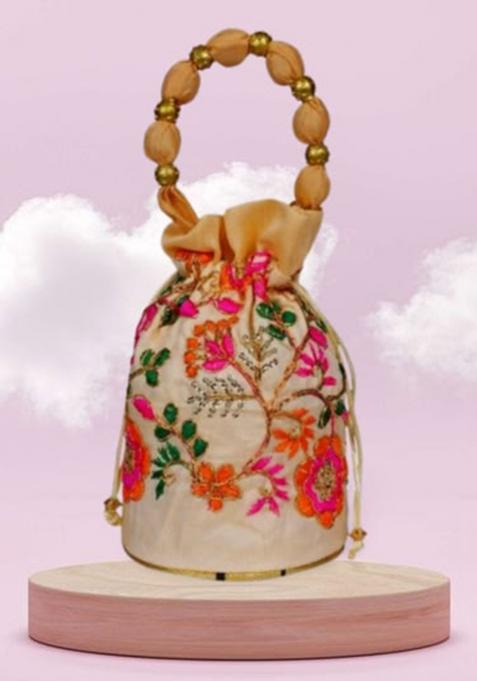 Multicolour Raw Silk Drawstring Rajasthani Style Potli Bags