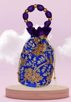 Blue Raw Silk Drawstring Rajasthani Style Potli Bags