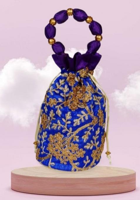 Blue Raw Silk Drawstring Rajasthani Style Potli Bags