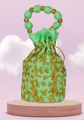 Light Green Raw Silk Drawstring Rajasthani Style Potli Bags