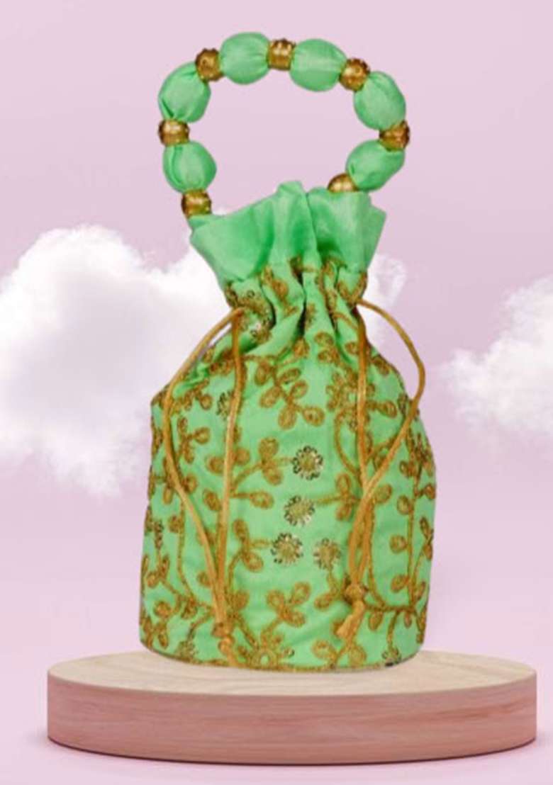 Light Green Raw Silk Drawstring Rajasthani Style Potli Bags - Indya