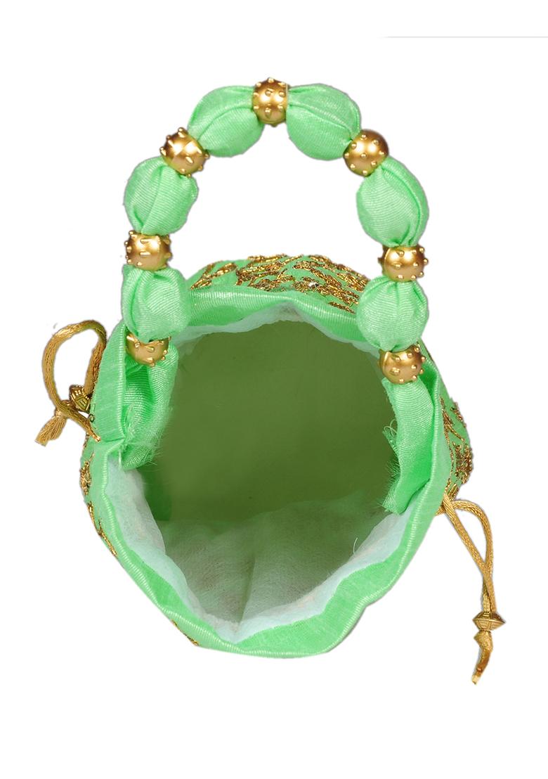 Light Green Raw Silk Drawstring Rajasthani Style Potli Bags