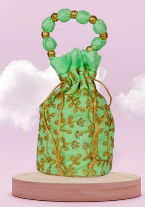 Light Green Raw Silk Drawstring Rajasthani Style Potli Bags