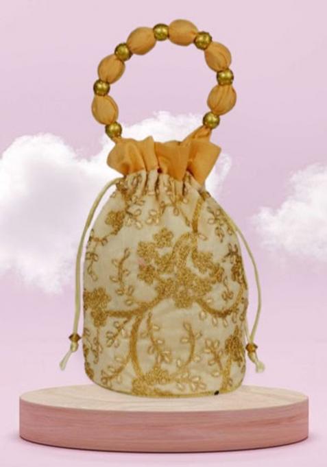 Cream Raw Silk Drawstring Rajasthani Style Potli Bags