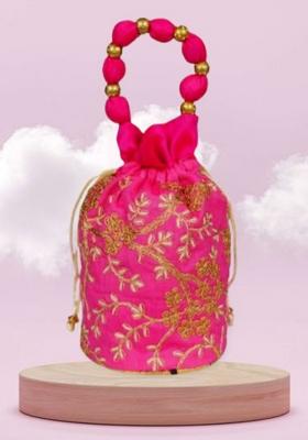 Magenta Raw Silk Drawstring Rajasthani Style Potli Bags