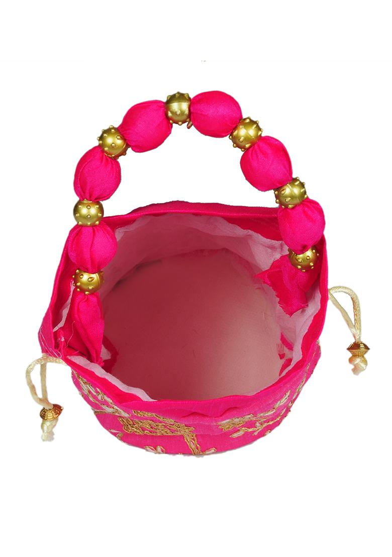 Magenta Raw Silk Drawstring Rajasthani Style Potli Bags