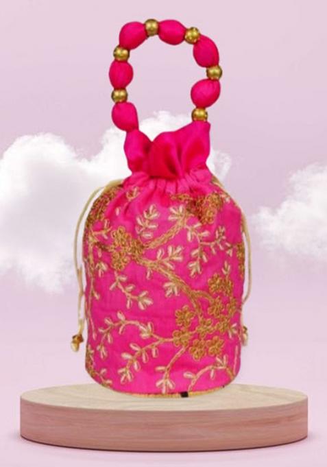Magenta Raw Silk Drawstring Rajasthani Style Potli Bags