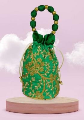 Green Raw Silk Drawstring Rajasthani Style Potli Bags