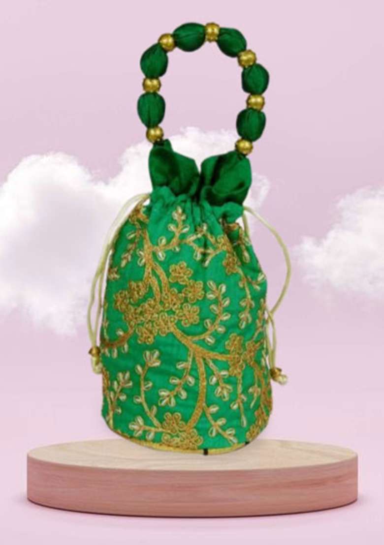 Green Raw Silk Drawstring Rajasthani Style Potli Bags - Indya
