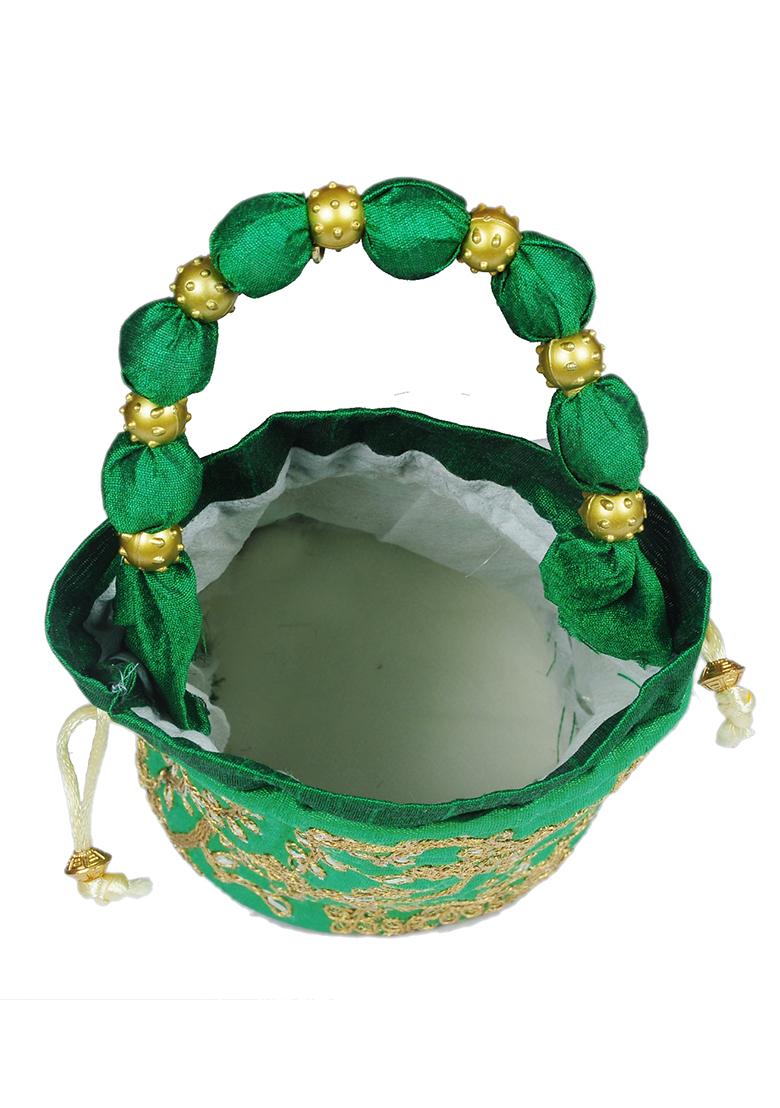 Green Raw Silk Drawstring Rajasthani Style Potli Bags
