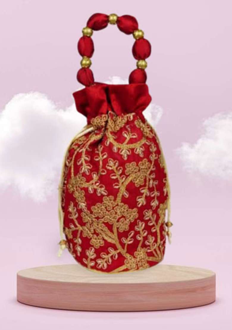 Maroon Raw Silk Drawstring Rajasthani Style Potli Bags - Indya